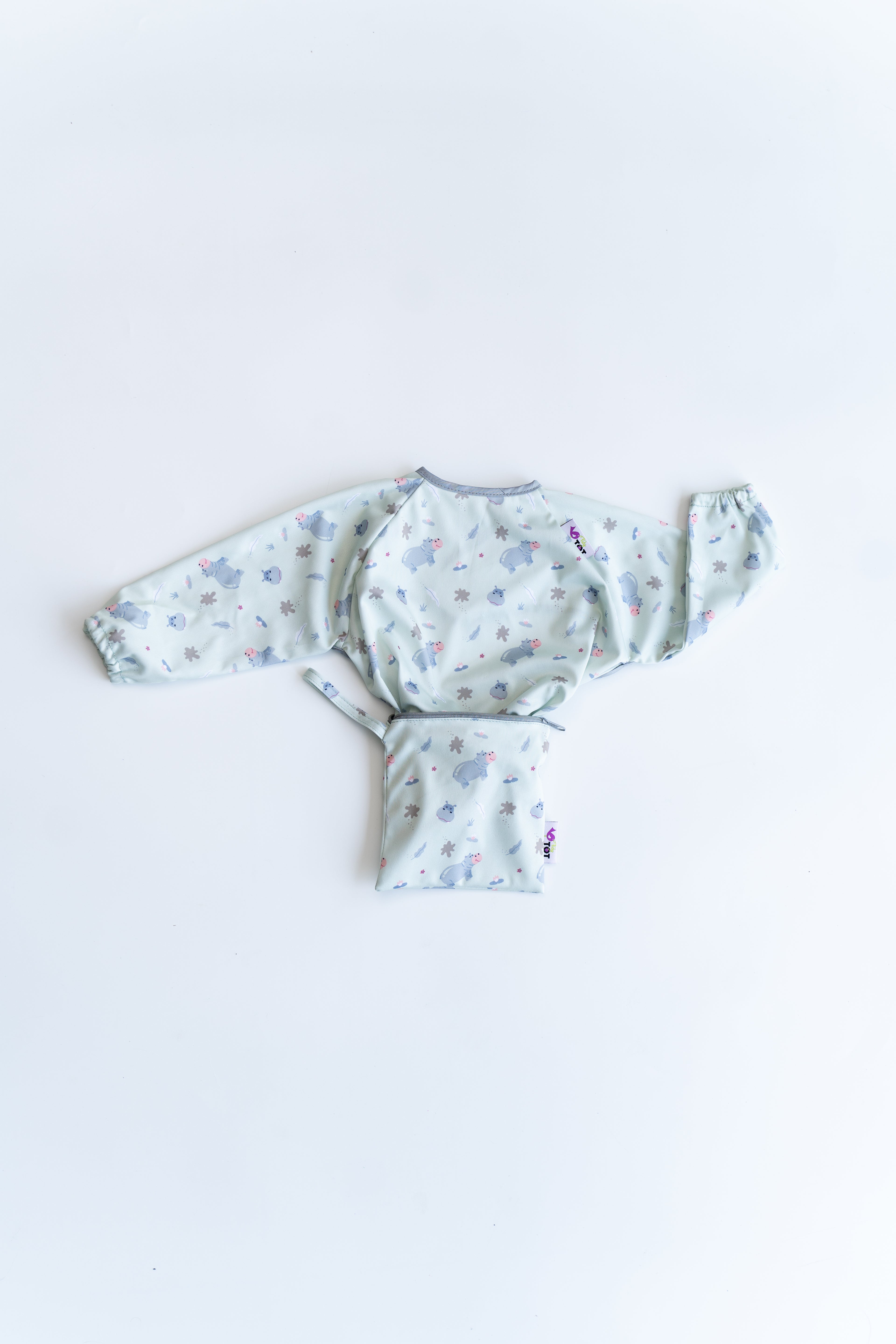 Tidy Tot Hagesmæk med Sugekop (lange ærmer) - Blå Flodhest - Hagesmæk med ærmer - MamaMilla