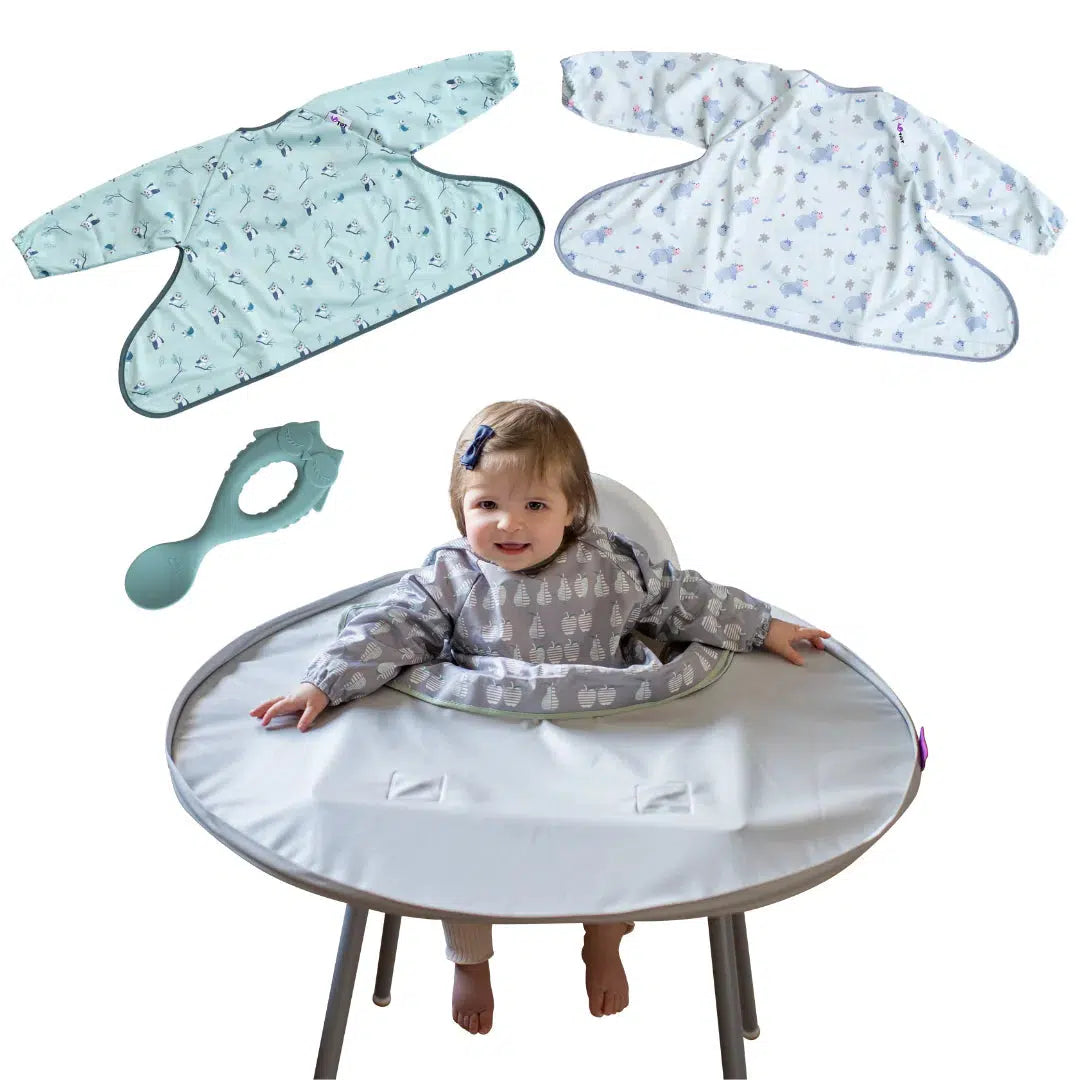 Tidy Tot Haklapp, bricka och sked - SET - Grå - Haklapp med ärmar - MamaMilla