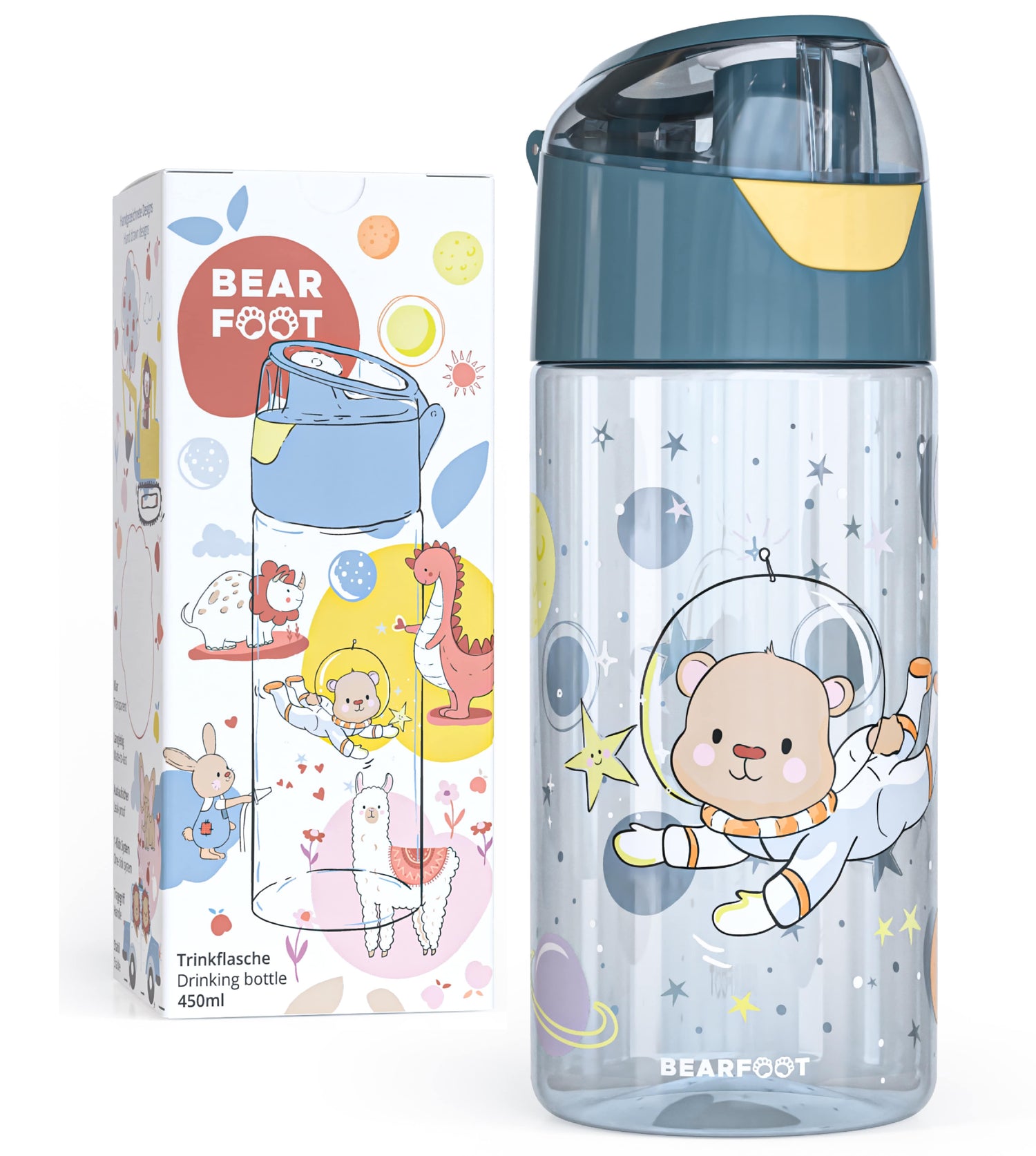BEARFOOT Lätt dricksflaska med handtag och enkel öppning - 450 ml - Astronautbjörn - Dricksflaska av plast - MamaMilla