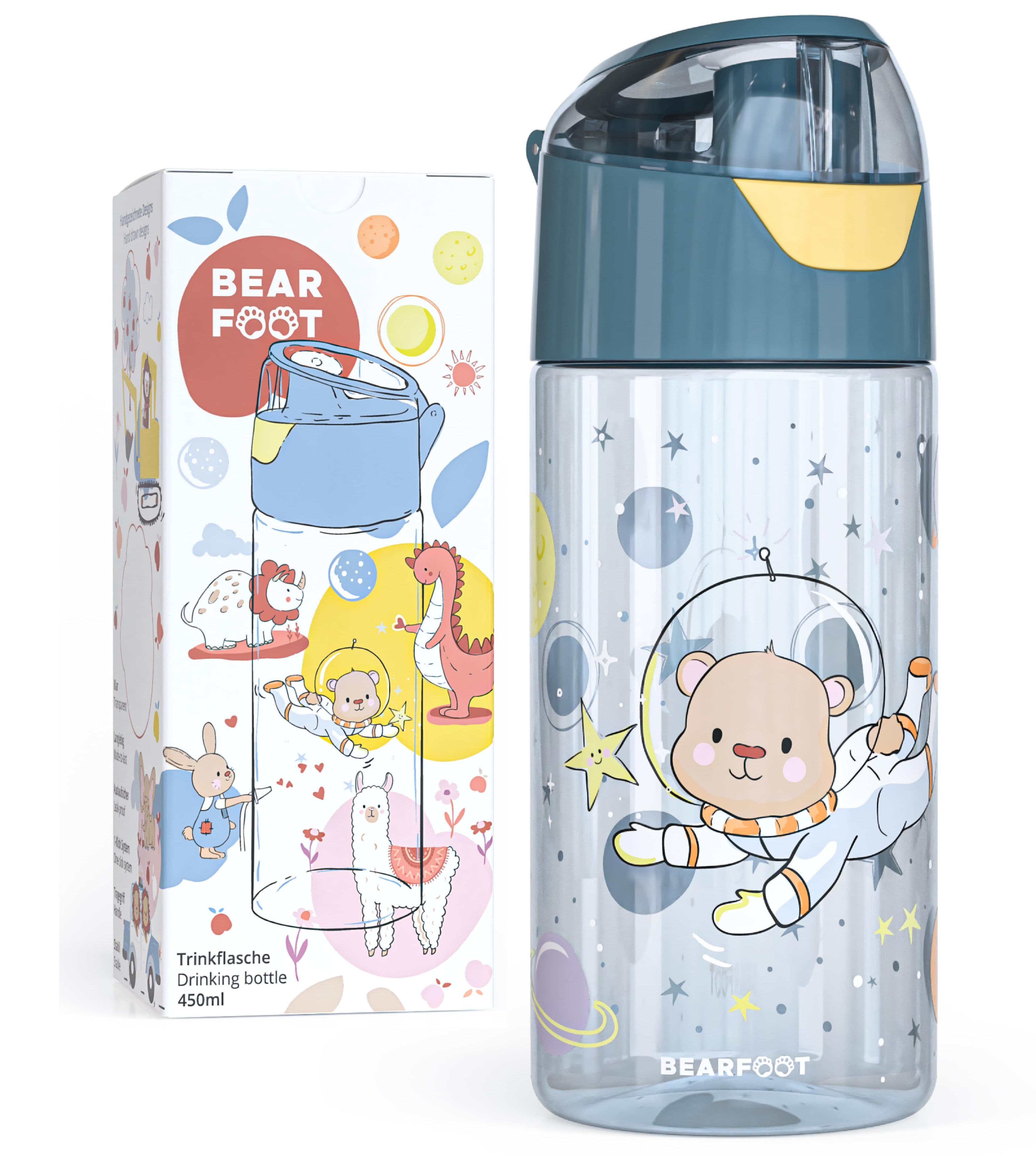 BEARFOOT Lätt dricksflaska med handtag och enkel öppning - 450 ml - Astronautbjörn - Dricksflaska av plast - MamaMilla