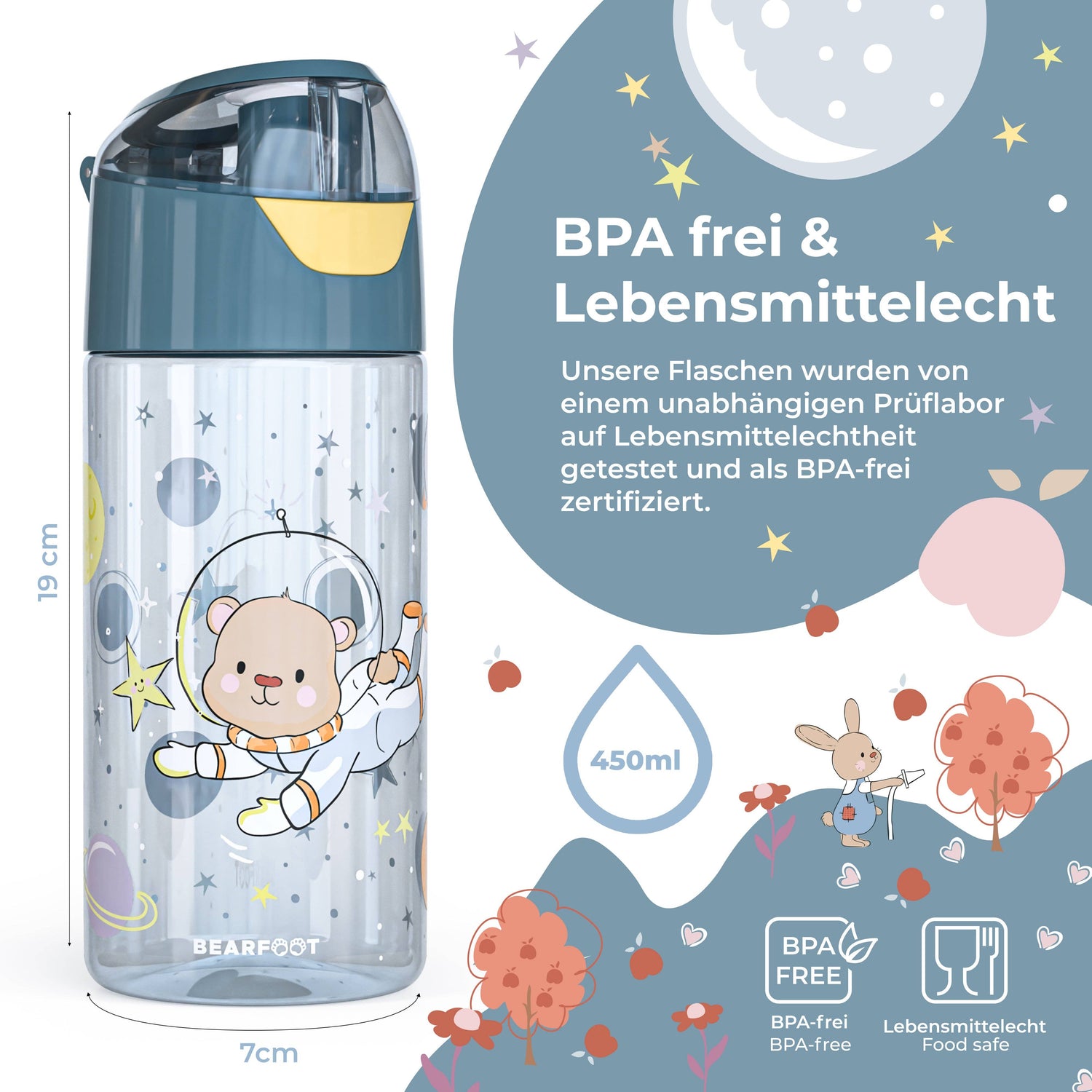 BEARFOOT Lätt dricksflaska med handtag och enkel öppning - 450 ml - Astronautbjörn - Dricksflaska av plast - MamaMilla