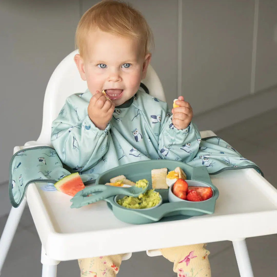 Tidy Tot Haklapp, Tallrik och Sked - SET - Uggla - Haklapp med ärmar - MamaMilla