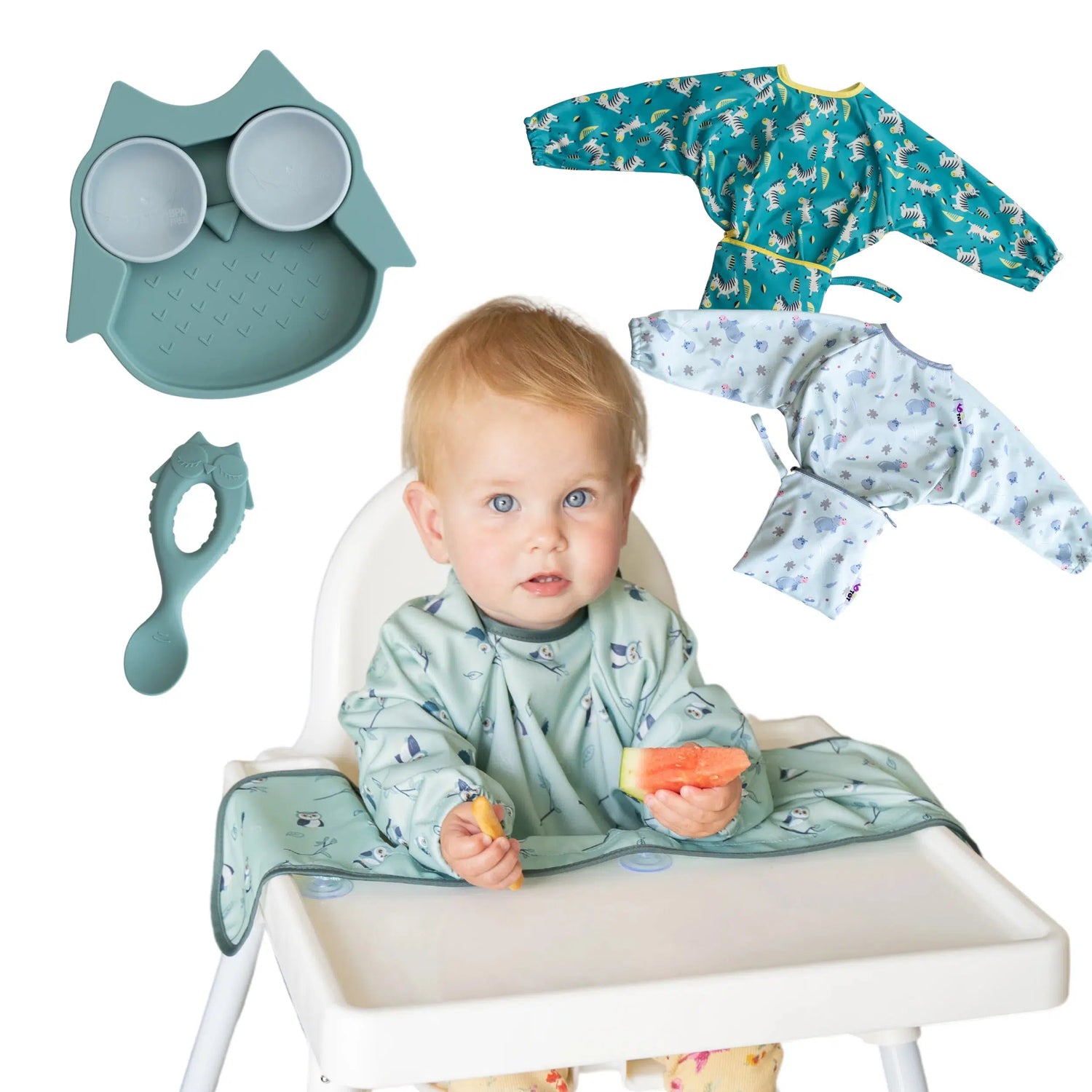 Tidy Tot Haklapp, Tallrik och Sked - SET - Uggla - Haklapp med ärmar - MamaMilla