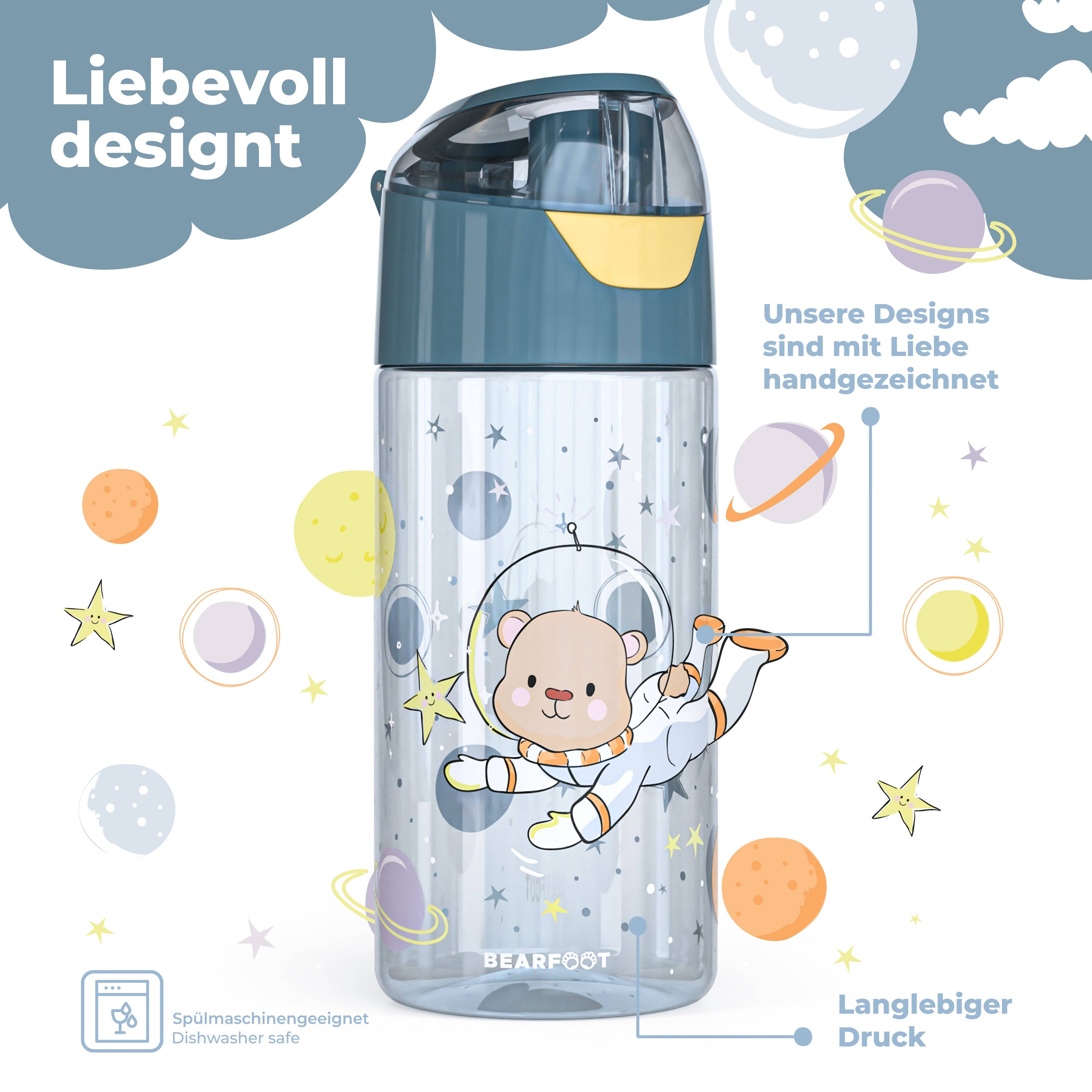 BEARFOOT Lätt dricksflaska med handtag och enkel öppning - 450 ml - Astronautbjörn - Dricksflaska av plast - MamaMilla