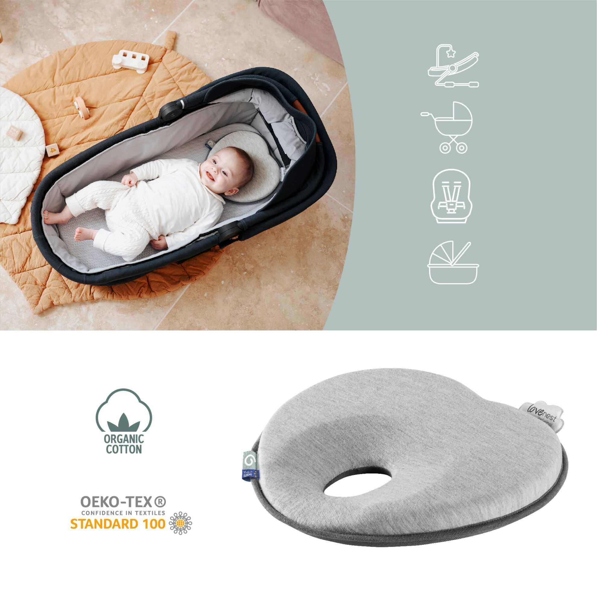 Babymoov Ergonomic Baby Kudde (Lovenest) - Grå (0-4m) - Baby huvudkudde - MamaMilla