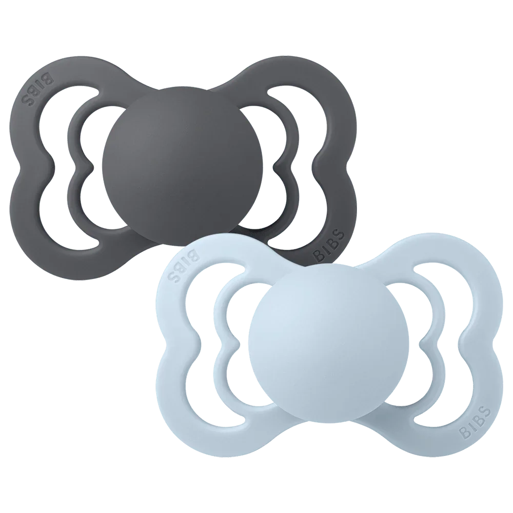 BIBS Supreme symmetrisk sut str. 2, silikone – Iron/Baby Blue (2-pack) - MamaMilla