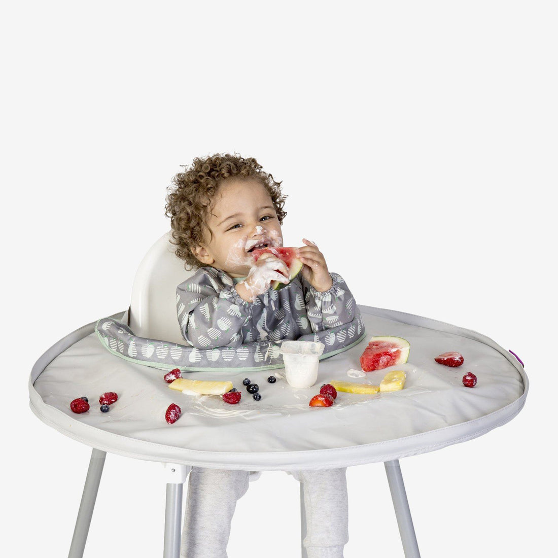 Tidy Tot Hagesmæk og Bakke - SÆT - Grå Æbler - Hagesmæk med ærmer - MamaMilla