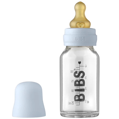 Bibs glasnappflaska - Latex - 110 ml. - Babyblå - Flaska baby - MamaMilla